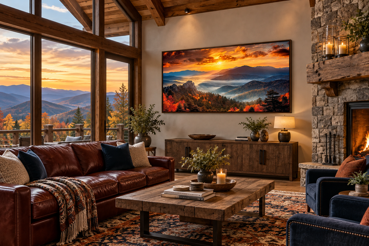 Appalachian Mountains sunset framed canvas wall art displayed above a sideboard in a rustic room.
