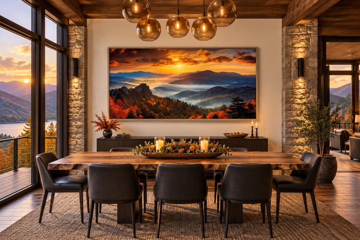 Appalachian Mountains sunset framed canvas wall art above a dining table in a rustic modern room.