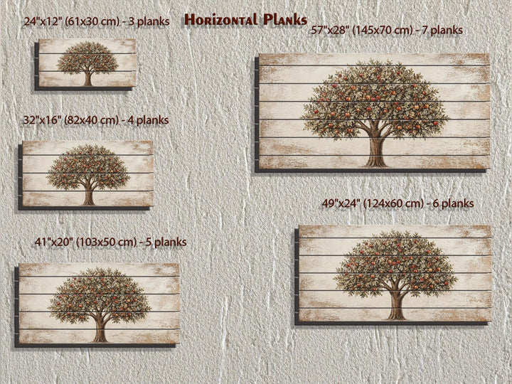 Rustic apple tree wall art printed on horizontal wood planks in five different sizes.