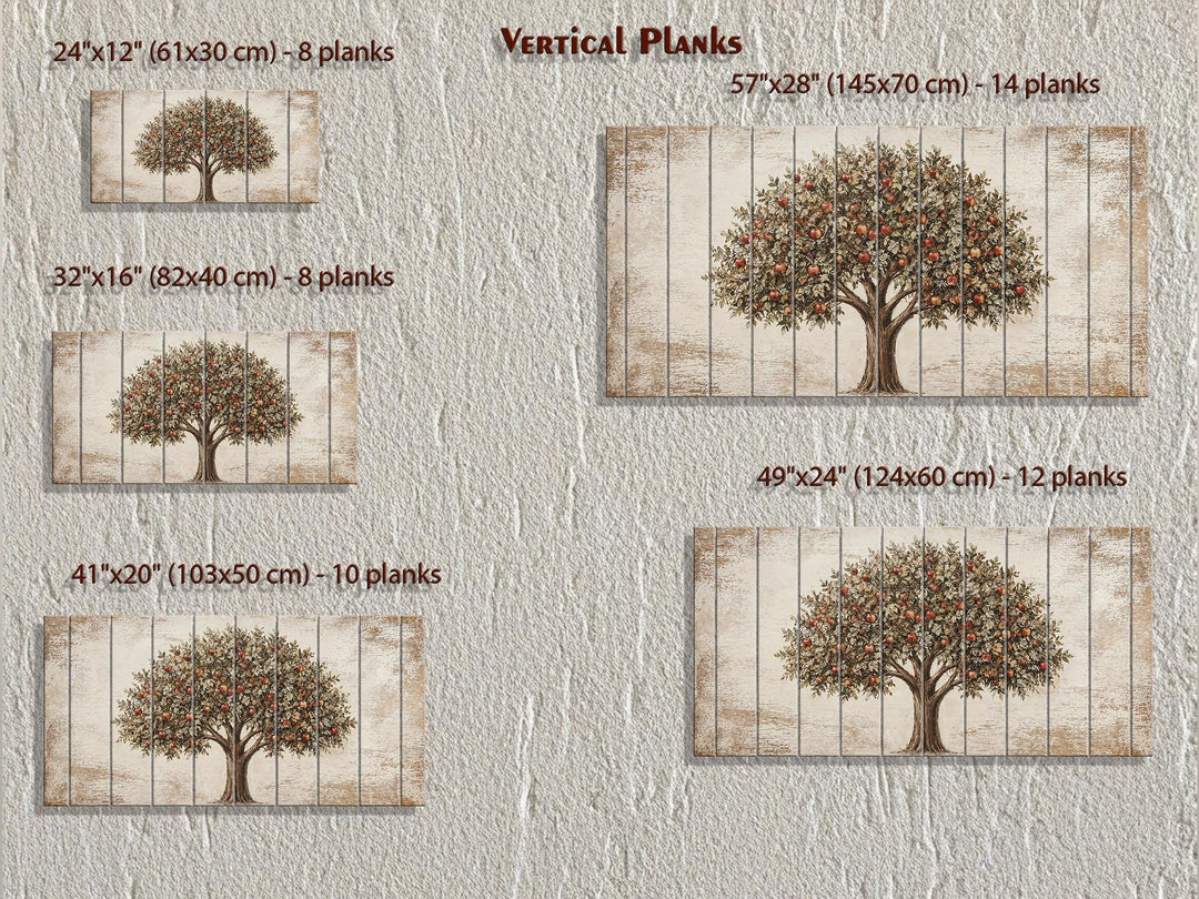 Rustic apple tree wall art on vertical wood planks, available in five different sizes.