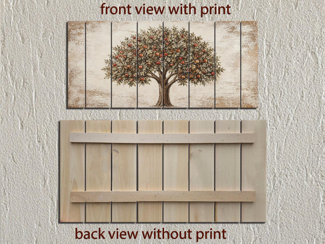Front and back views of a rustic apple tree print on distressed vertical wood planks.