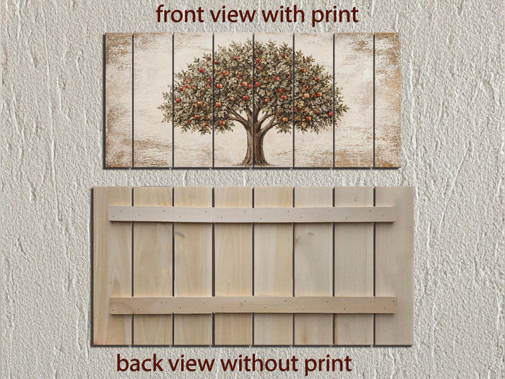 Front and back views of a rustic apple tree print on distressed vertical wood planks.
