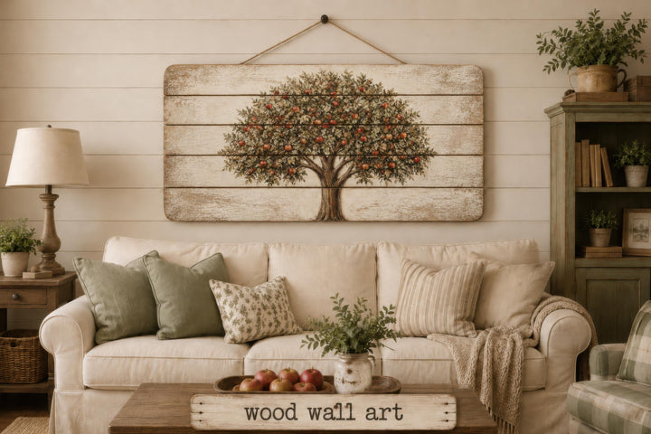 Rustic apple tree wall art printed on distressed wood planks hanging above a farmhouse sofa.