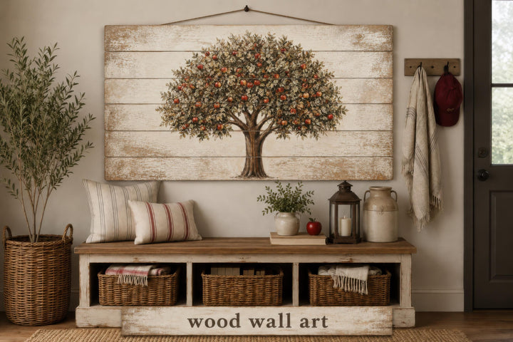Rustic apple tree wall art printed on distressed wood planks in a farmhouse entryway setting.