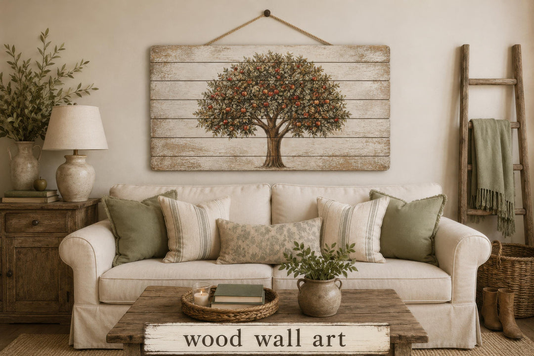 Rustic apple tree print on distressed wood planks hanging above a farmhouse-style sofa.