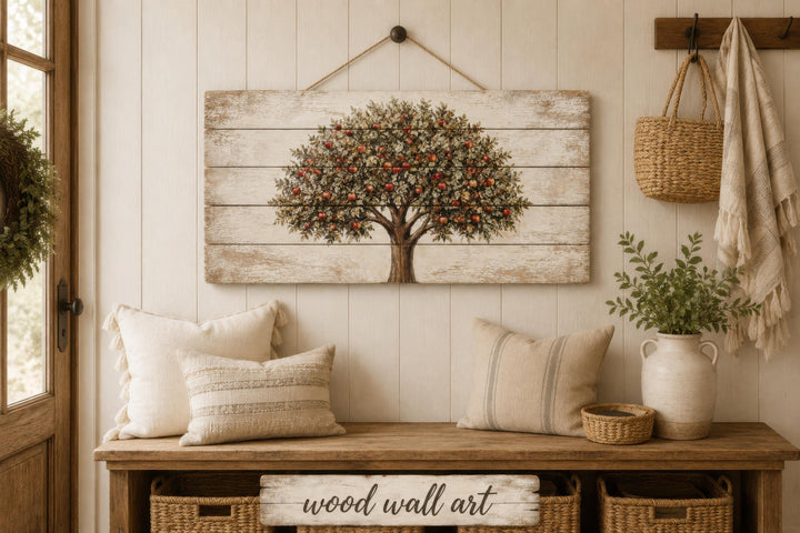Rustic apple tree illustration printed on distressed wood planks hanging in a farmhouse entryway.