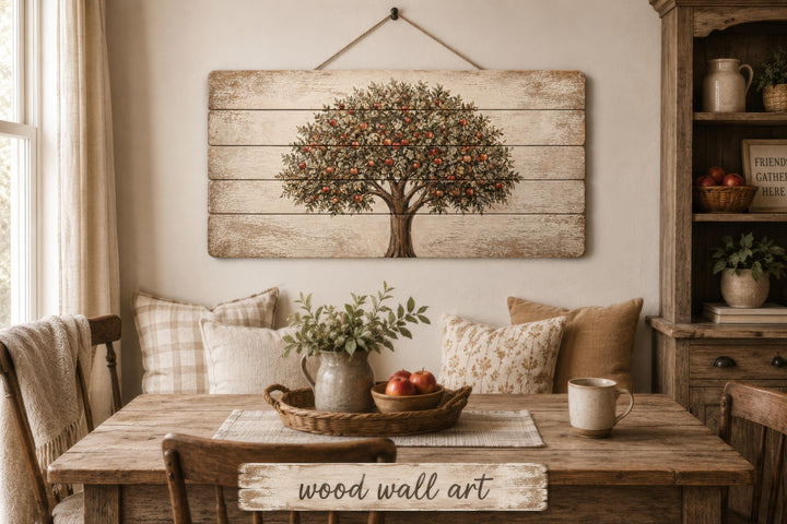 Rustic wood wall art featuring a painted apple tree hanging in a farmhouse-style dining area.