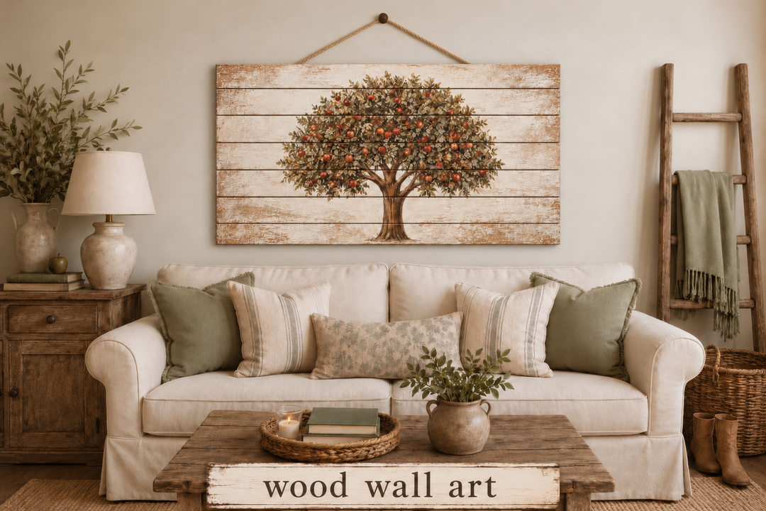 Rustic apple tree print on distressed wood planks hanging above a cream sofa in a farmhouse room.
