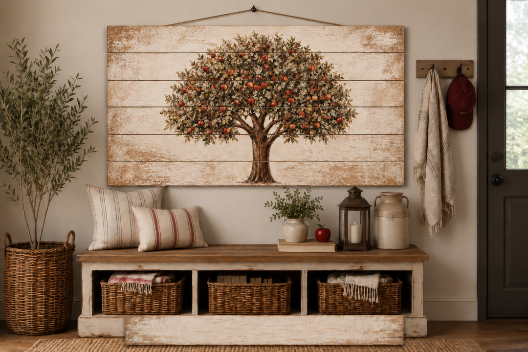 Rustic apple tree print on distressed wood planks hanging above a farmhouse entryway bench.
