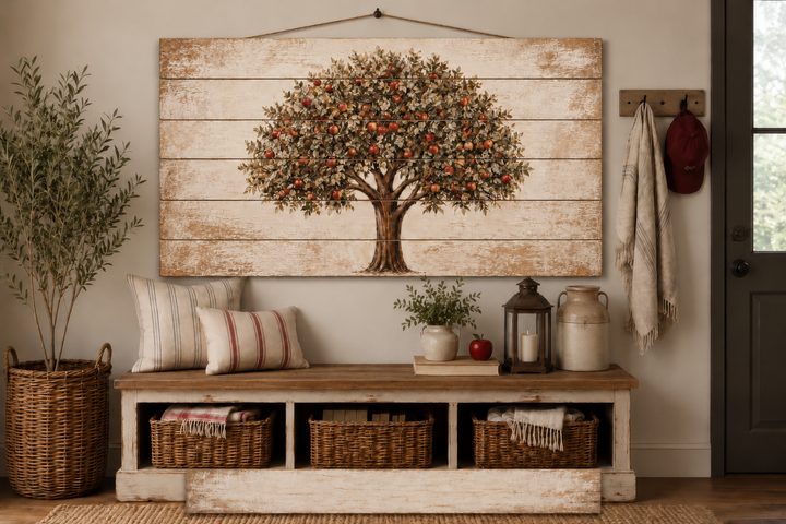 Rustic apple tree print on distressed wood planks hanging above a farmhouse entryway bench.