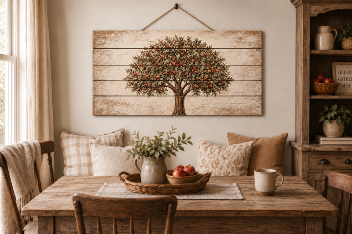 Rustic apple tree wall art printed on distressed wood planks hanging in a farmhouse kitchen nook.