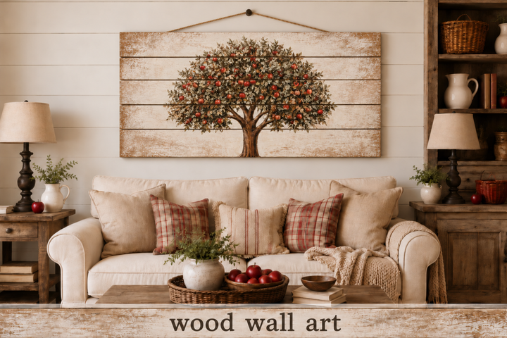 Rustic apple tree print on distressed wood planks hanging above a farmhouse sofa.