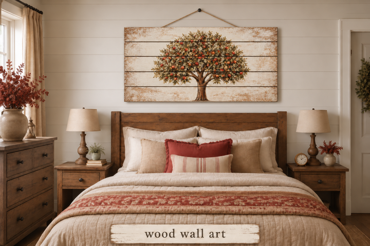 Rustic apple tree print on distressed wood planks hanging above a bed in a farmhouse bedroom.