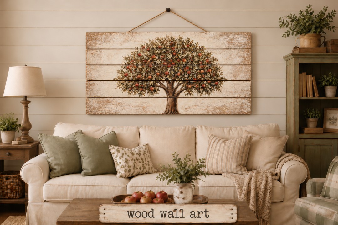 Rustic apple tree print on distressed wood planks hanging above a sofa in a farmhouse living room.