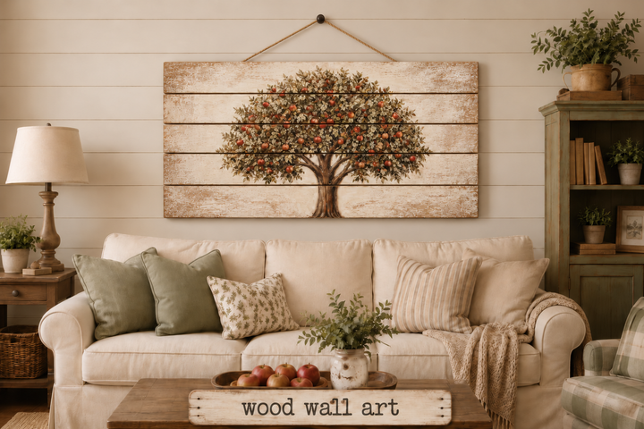 Rustic apple tree print on distressed wood planks hanging above a sofa in a farmhouse living room.