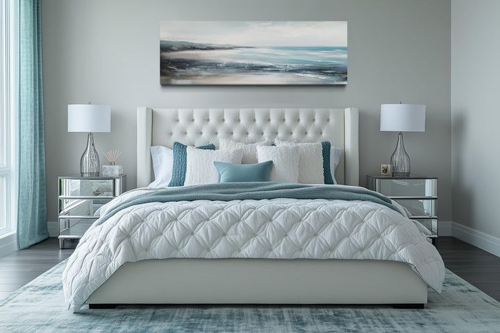 Aqua Blue Ocean Beach Coastal Wall Art Over Bed Framed Canvas Wall Art