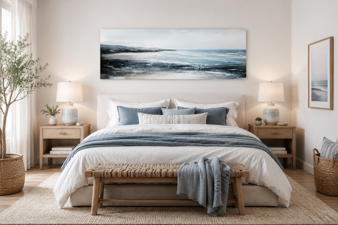 Aqua blue ocean beach coastal wall art in a long horizontal frame displayed over a bed.