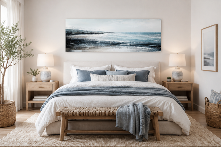 Aqua blue ocean beach coastal wall art in a long horizontal frame displayed over a bed.