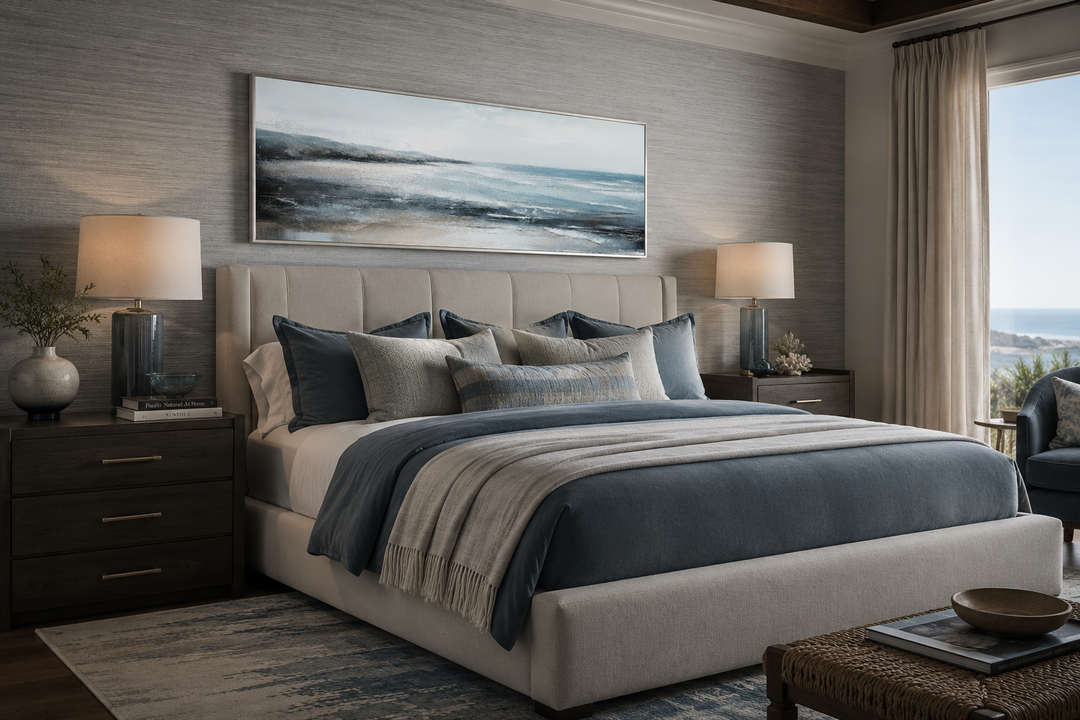 Framed horizontal canvas wall art featuring a blue and white coastal ocean wave scene over a bed.