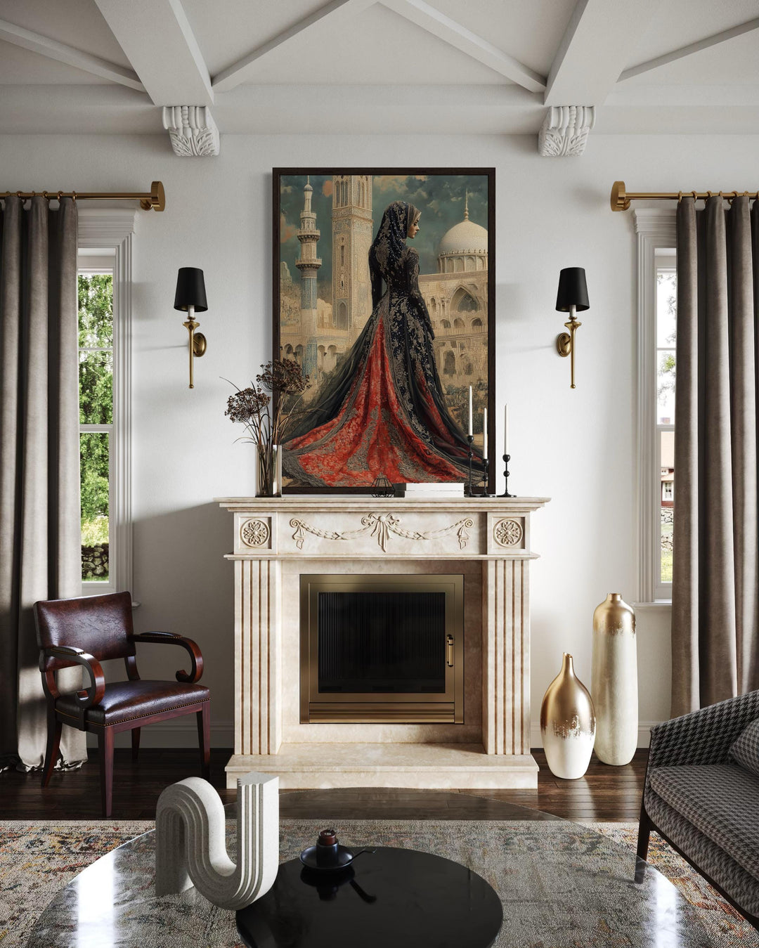 Framed canvas art of an Arabic princess in a red and black gown before a grand mosque over a mantel.