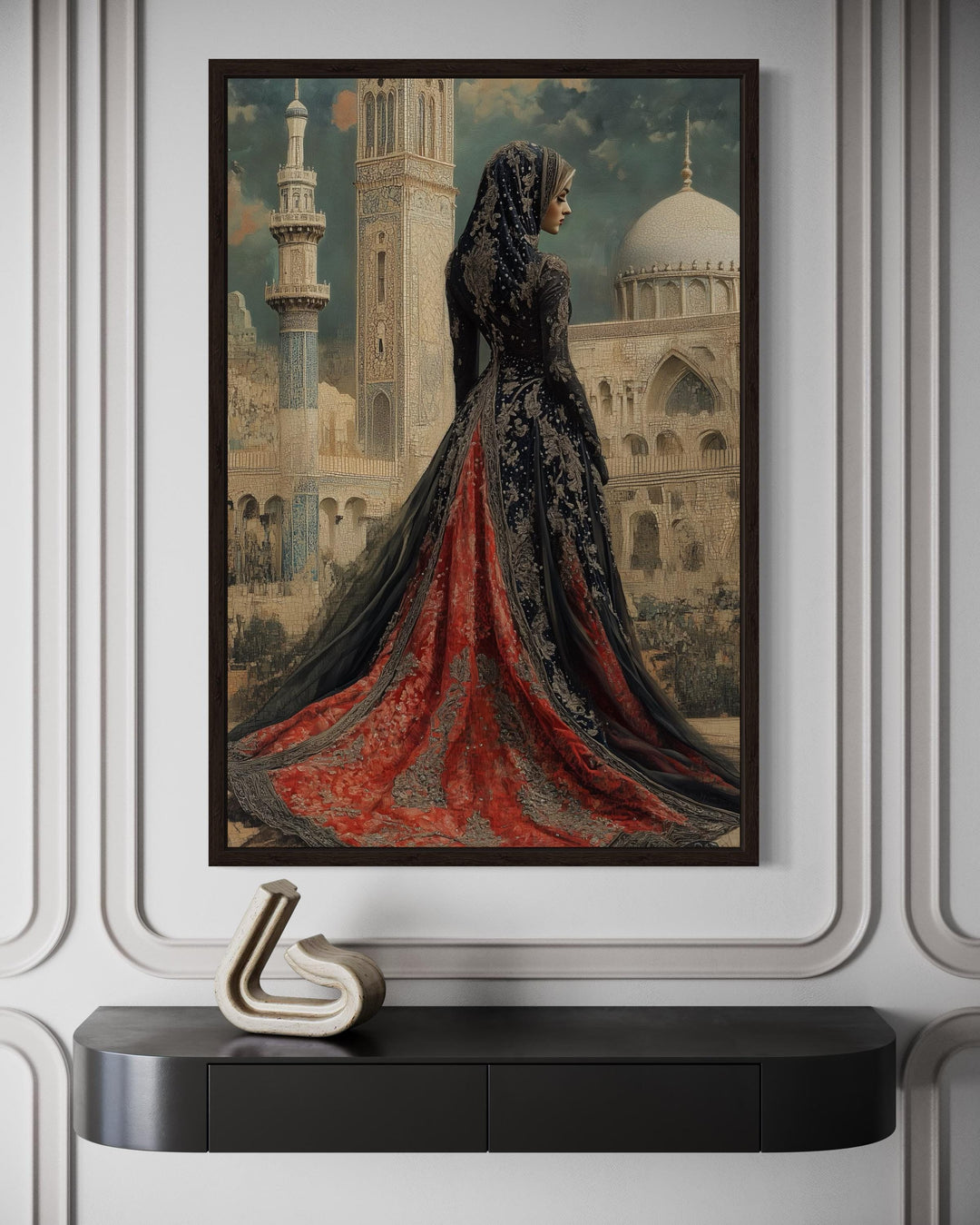 Framed canvas wall art of an Arabic princess in a red and black dress before a grand mosque.
