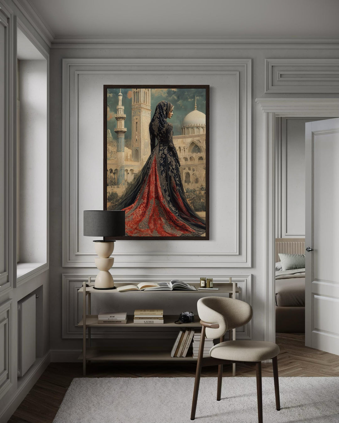 Arabic princess in a red and black dress before a mosque, framed Islamic canvas wall art.