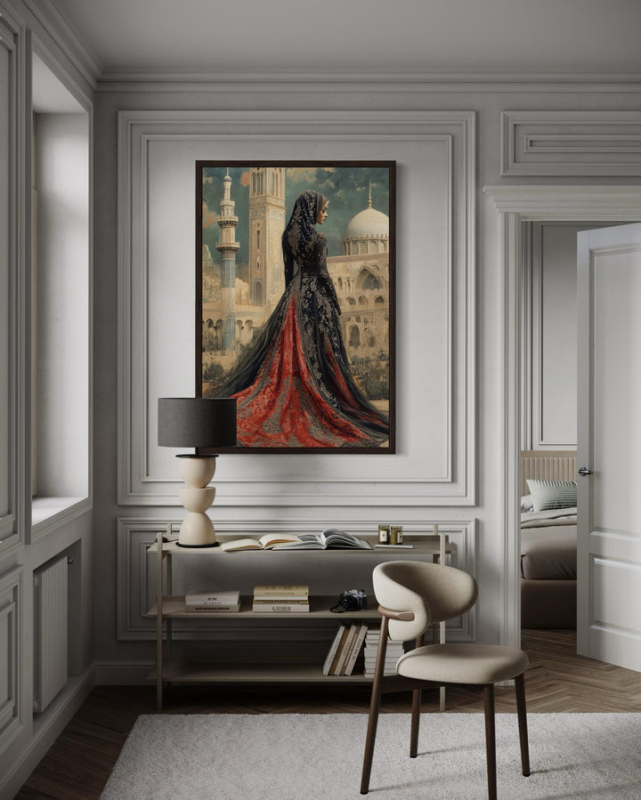 Arabic princess in a red and black dress before a mosque, framed Islamic canvas wall art.