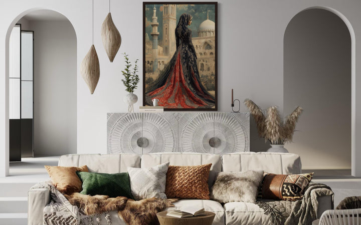 Arabic Princess in a red and black dress before a mosque, framed Islamic canvas wall art.