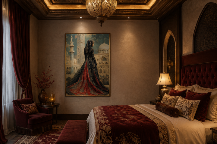 Arabic Princess In Front of Mosque Islamic Framed Canvas Wall Art in a bedroom setting.