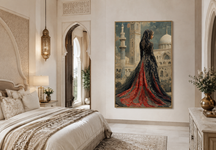 Framed canvas wall art of an Arabic princess in a red and black dress before a grand mosque.