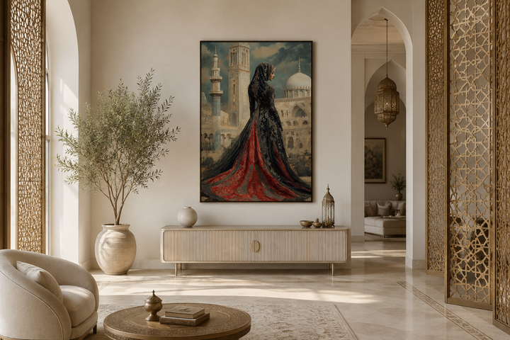 Framed canvas wall art of an Arabic princess in a red and black dress before a grand mosque.