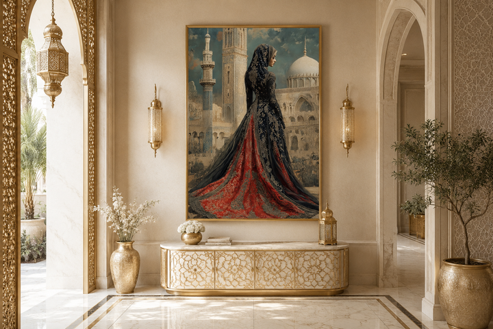 Framed canvas wall art of an Arabic princess in a red and black dress before a grand mosque.