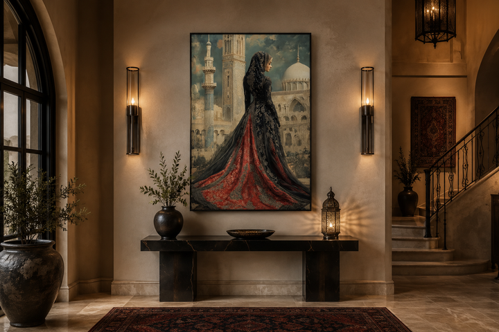 Framed canvas art of an Arabic princess in a red and black dress before a grand mosque.
