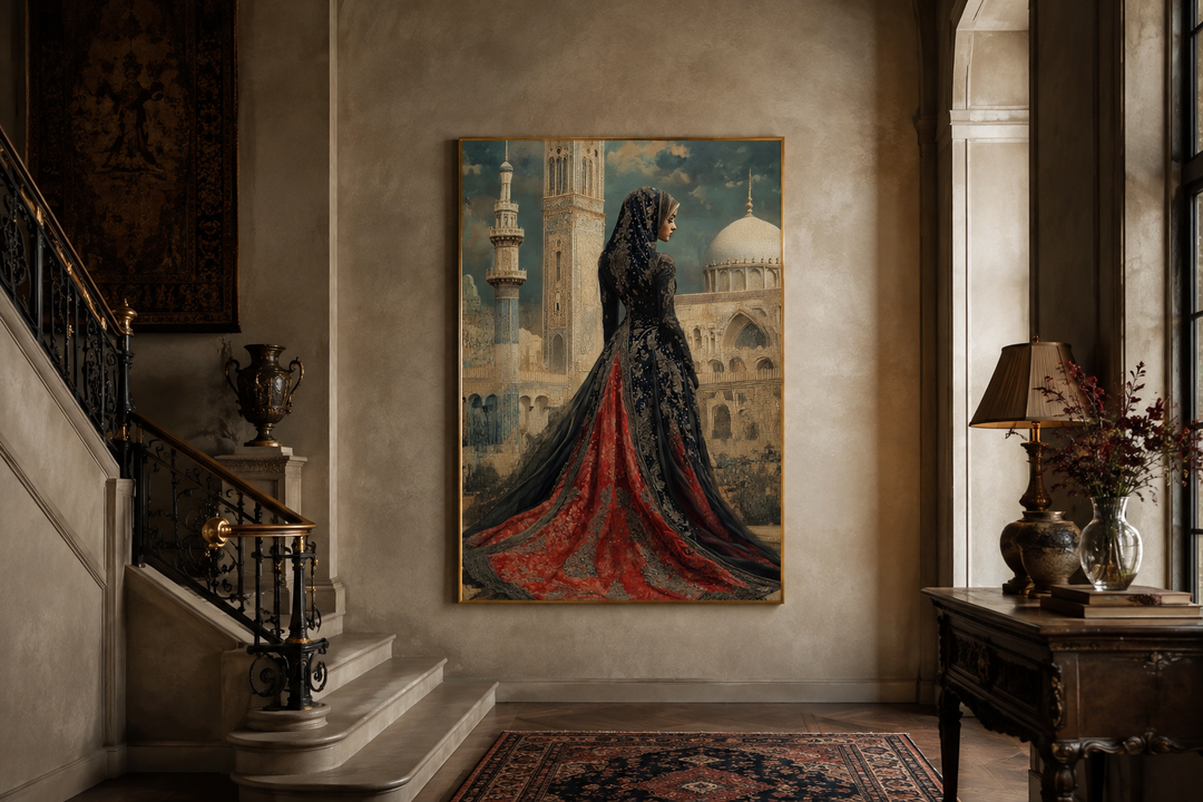 Framed canvas art of an Arabic princess in a red and black dress before a grand mosque.