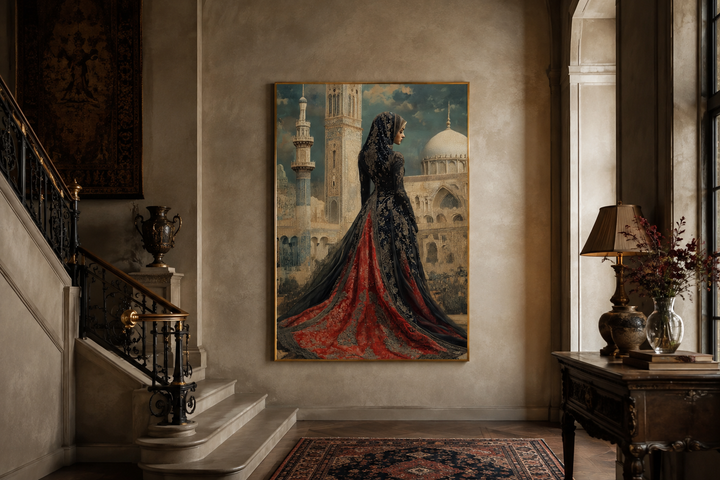 Framed canvas art of an Arabic princess in a red and black dress before a grand mosque.