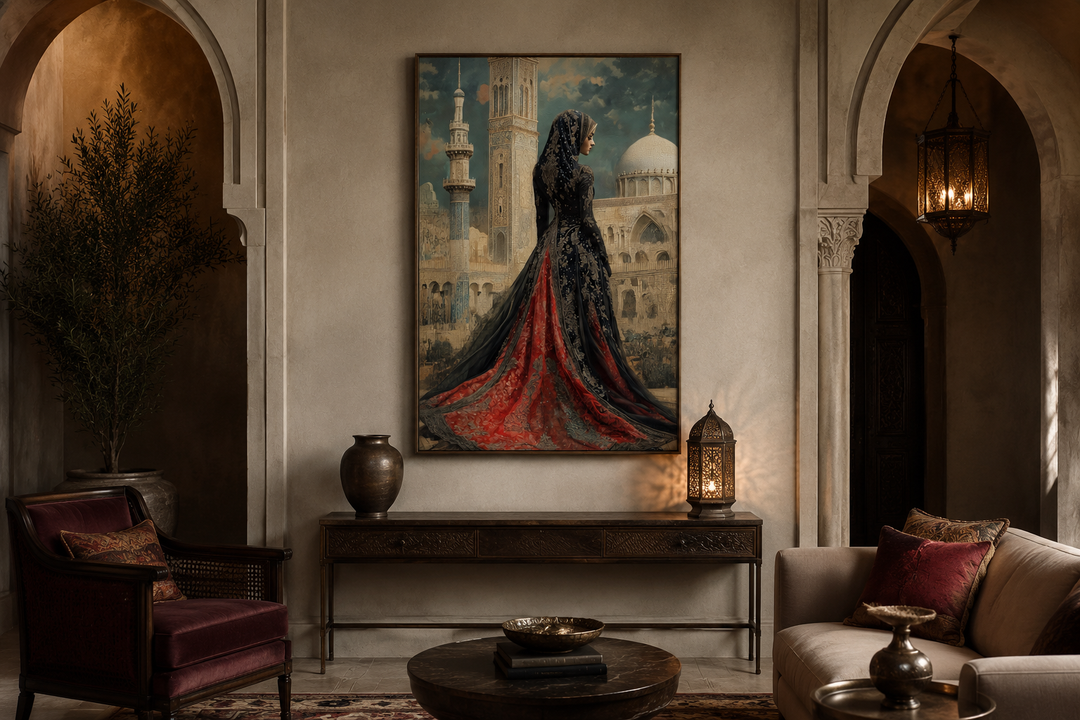 Framed canvas wall art of an Arabic princess in a red and black dress before a grand mosque.