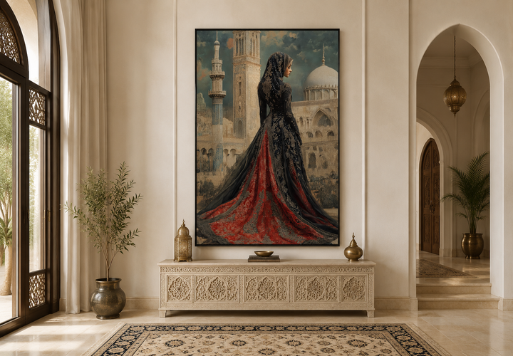 Framed canvas art of an Arabic princess in a red and black dress before a mosque in a neutral room.