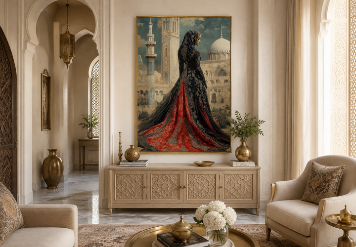Arabic princess in a red and black dress before a mosque, framed Islamic canvas wall art.