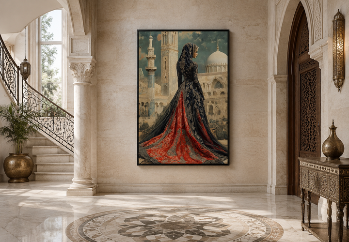 Framed canvas art of an Arabic princess in a red and black dress before a mosque in a grand hallway.