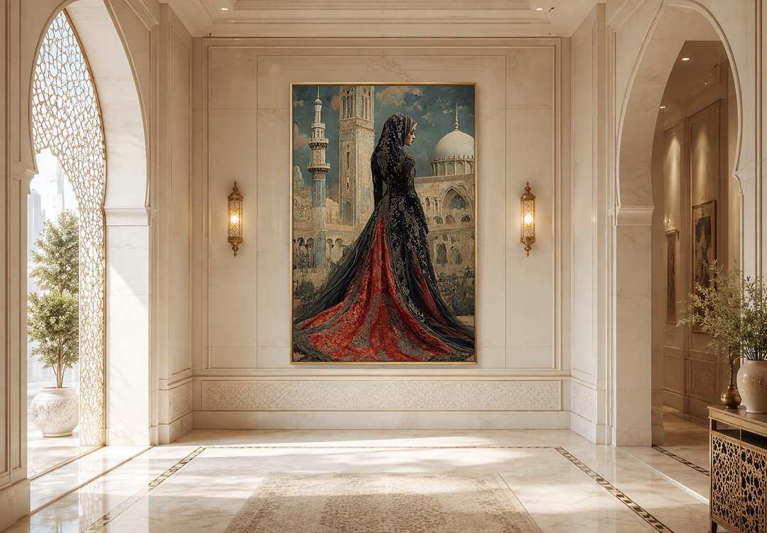 Framed canvas art of an Arabic princess in a red and black dress before a grand mosque.