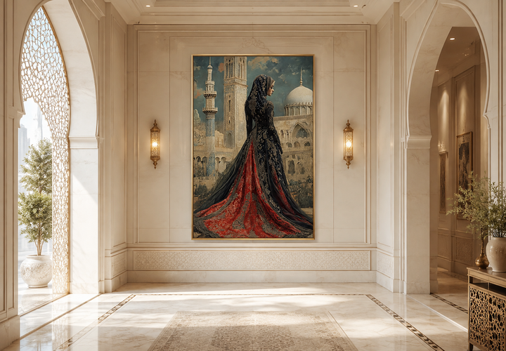Framed canvas art of an Arabic princess in a red and black dress before a grand mosque.