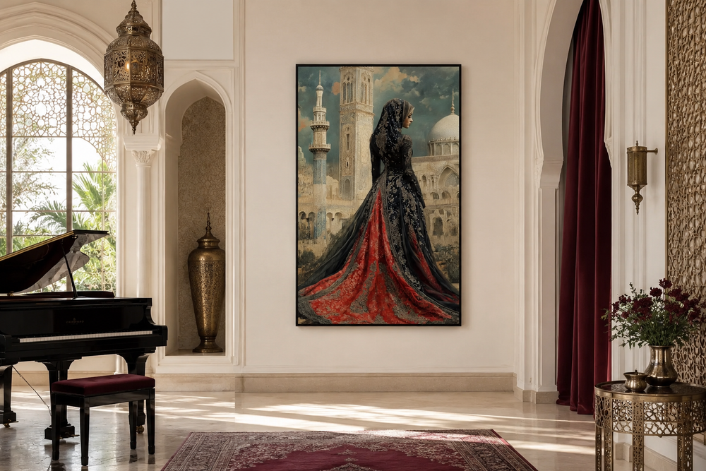 Framed canvas art of an Arabic princess in a red and black dress before a grand mosque in a room.