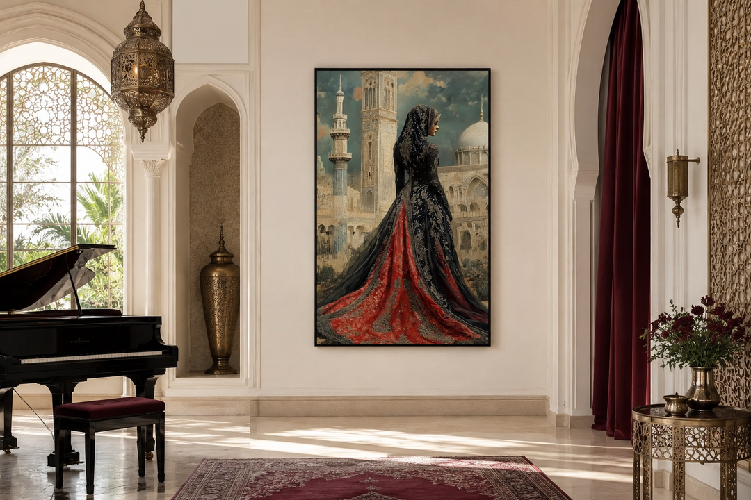 Framed canvas art of an Arabic princess in a red and black dress before a grand mosque in a room.