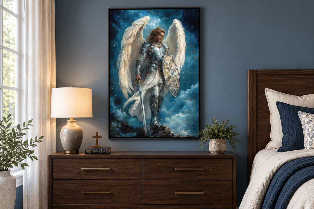 Archangel Michael canvas wall art with sword and shield above a wooden dresser in a bedroom.