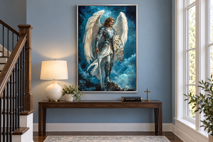 Archangel Michael canvas wall art with sword and shield in a silver frame above a console table.