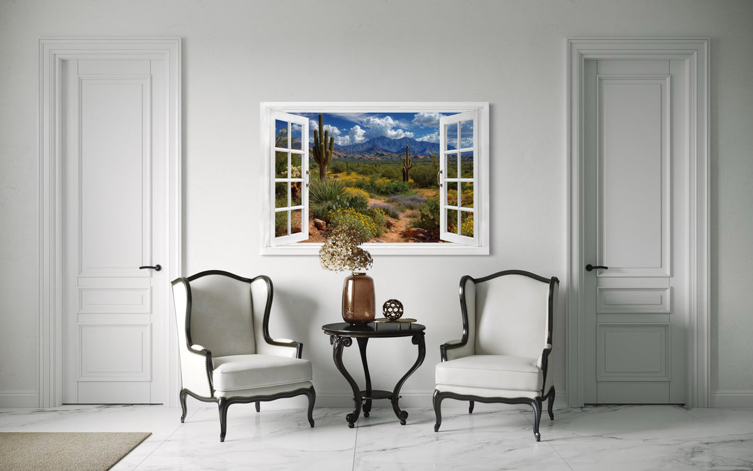 Arizona desert and saguaro cactus fake window view wall art displayed in a modern living room.