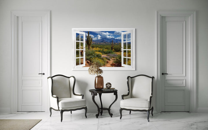 Arizona desert and saguaro cactus fake window view wall art displayed in a modern living room.