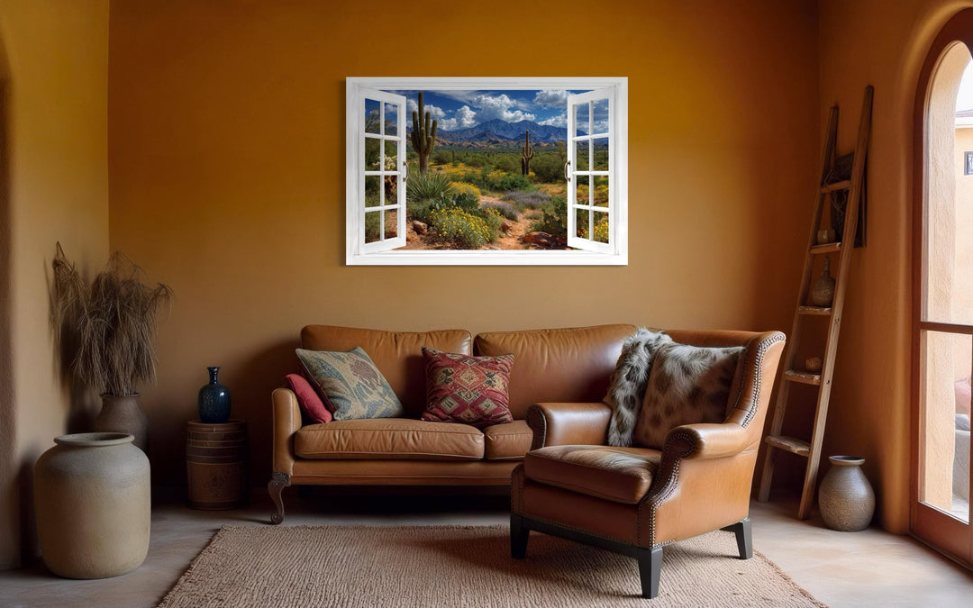 Arizona desert and saguaro cactus fake window view wall art displayed in a southwestern living room.