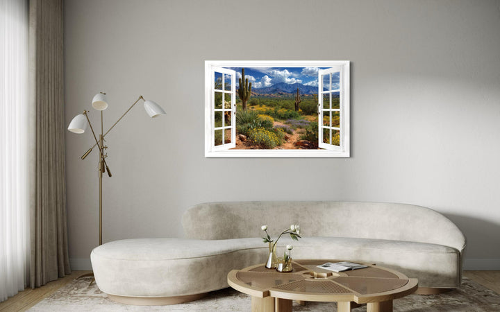 Arizona desert and saguaro cactus fake window view wall art displayed in a modern living room.