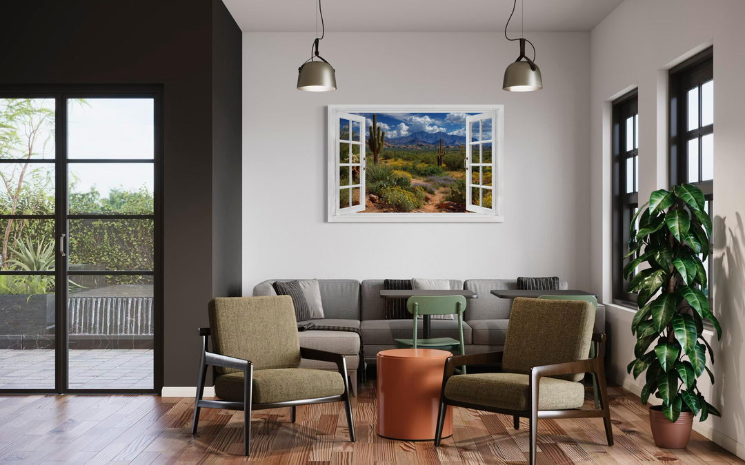 Arizona desert and saguaro cactus fake window view wall art hanging in a modern living room.